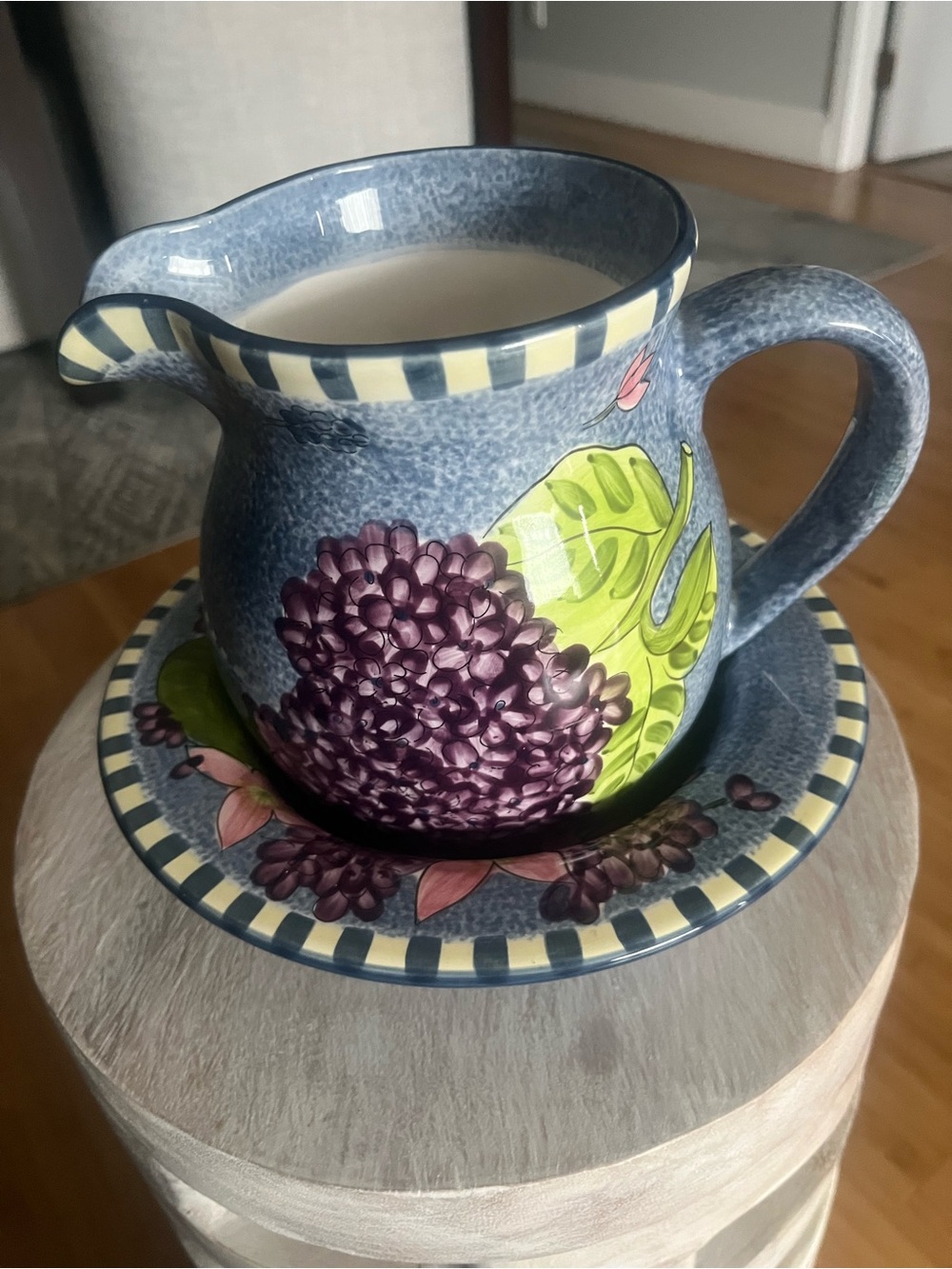 Hand-Painted Ceramic Pitcher and Saucer with Purple Floral Design